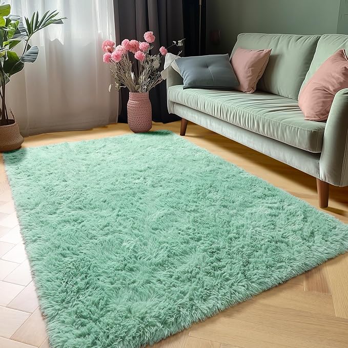 Sage Green 3x5 Rugs for Bedroom, Fluffy Bedside Area Rug, Soft Plush Shaggy - Image 4