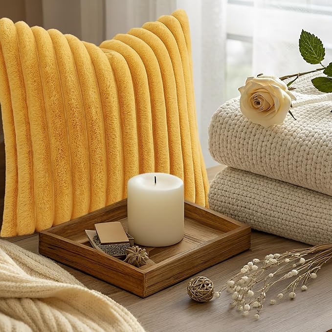 decorUhome Fall Faux Fur Throw Pillow Covers 24x24 Set of 2 Mustard Yellow | - Image 9