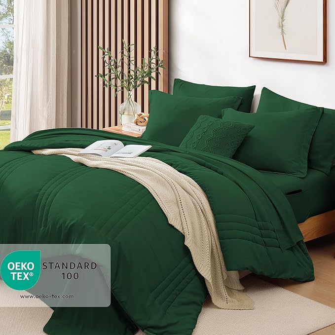 Monbix King Size Comforter Set - 7 Pieces Bed in a Bag King, Emerald Green Bedding Sets with Comforter, All Seasons Down Alternative Comforter Bed Set with Sheets, Pillowcases & Shams