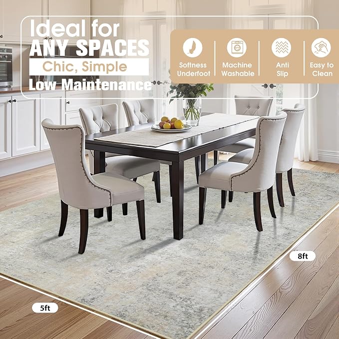 5x8 Area Rugs for Living Room Washable Bedroom Dining Room Beige Grey | Modern - Image 2