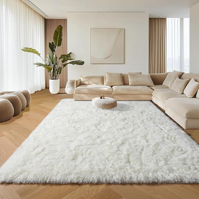 Cream White Area Rugs 9x12 Living Room, Ivory Large Fluffy Shag Bedroom Rug - Image 6