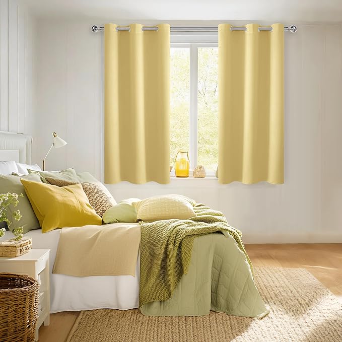 Short Blackout Curtains for Bedroom 2 Panel Light Yellow 38x45 Inch | Thermal - Image 6