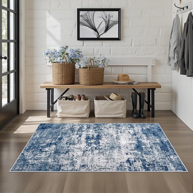 Area Rug Living Room: 3x5 Modern Washable Indoor Soft Carpet Blue | - Image 3
