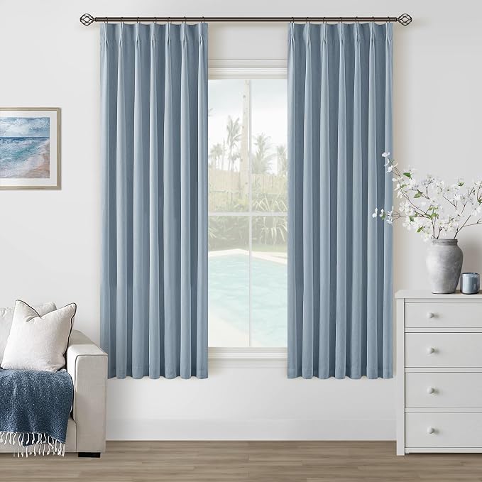 Dusty Blue 100% Black Out Pinch Pleated Linen 63 Inch Curtains by Twodrapes