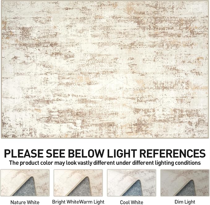 9x12 Area Rugs for Living Room: Washable Abstract Beige Grey Badroom Carpet | - Image 8