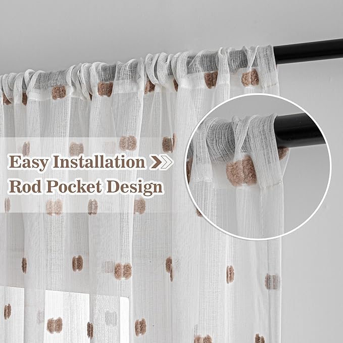 MYSKY HOME White Curtains for Bedroom 84 Inch Length Long Sheer Curtains for Living Room Nursery Curtains with Taupe Patched Design Rod Pocket Privacy Window Drapes Dining Room 52" x 84" 2 Panels