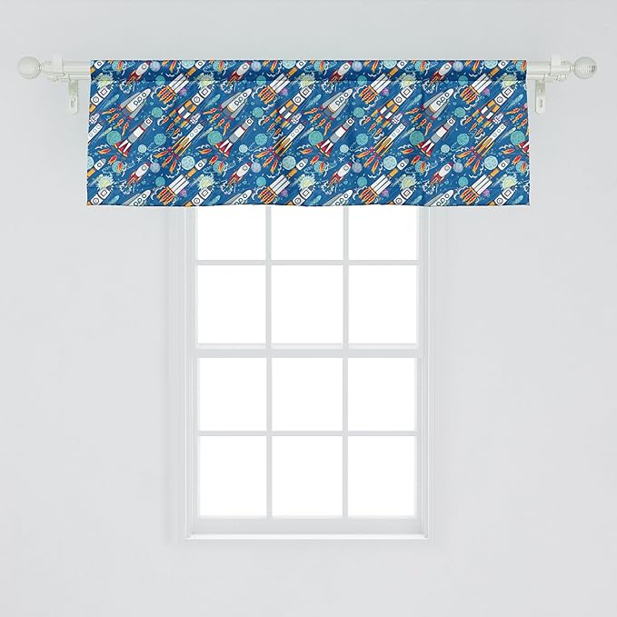 Ambesonne Spaceship Window Valance, Hand-Drawn Cartoon Spaceships Planets and Stars Outer Space Exploration Theme, Curtain Valance for Kitchen Bedroom Decor with Rod Pocket, 42" x 18", Violet Blue