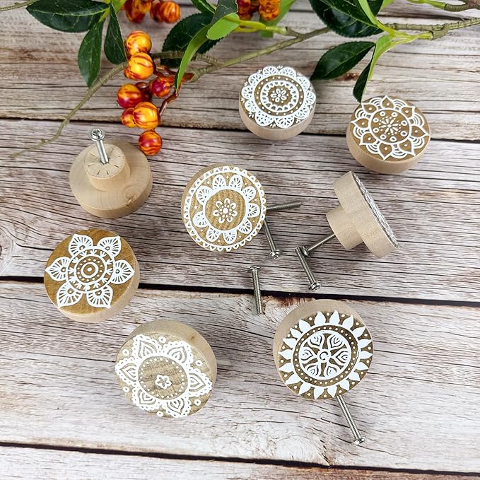 8Pack 1.8" Wooden Boho Nursery Kids Dresser Drawer Pulls Cute Cabinet Furniture Decorative Knobs