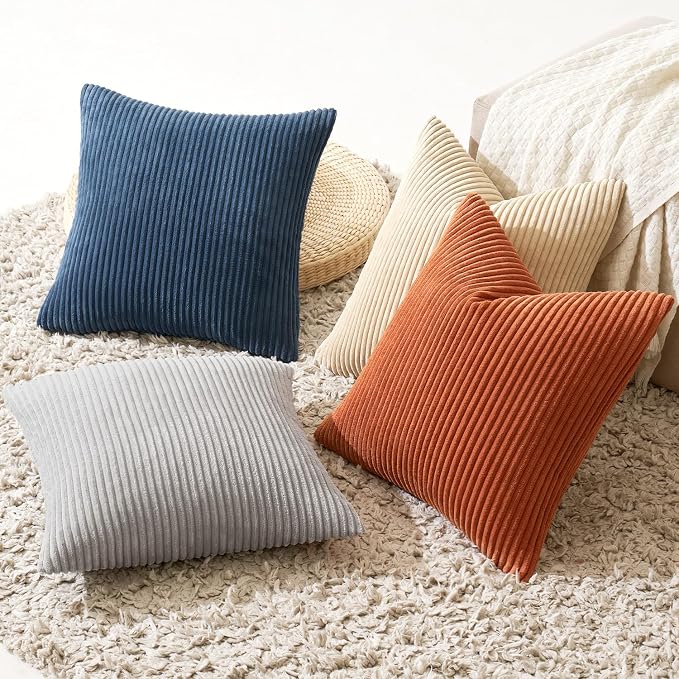 MIULEE Soft Corduroy Decorative Throw Pillow Covers Blue-Yellow 18x18 | Set of 4 - Image 4