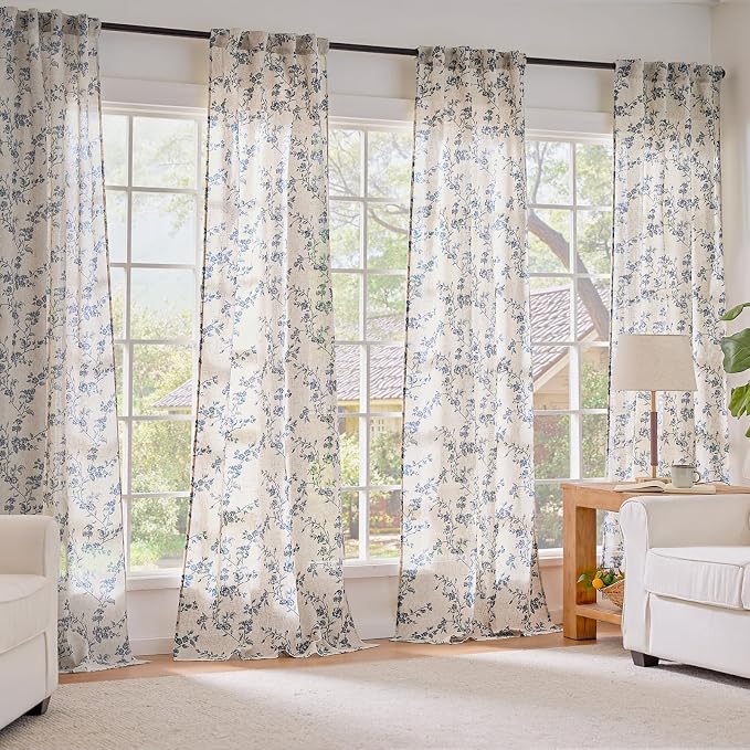 Blue Vintage Floral Linen Curtains Farmhouse 38W X 63L 2 Panels | Elisa Series - Image 7