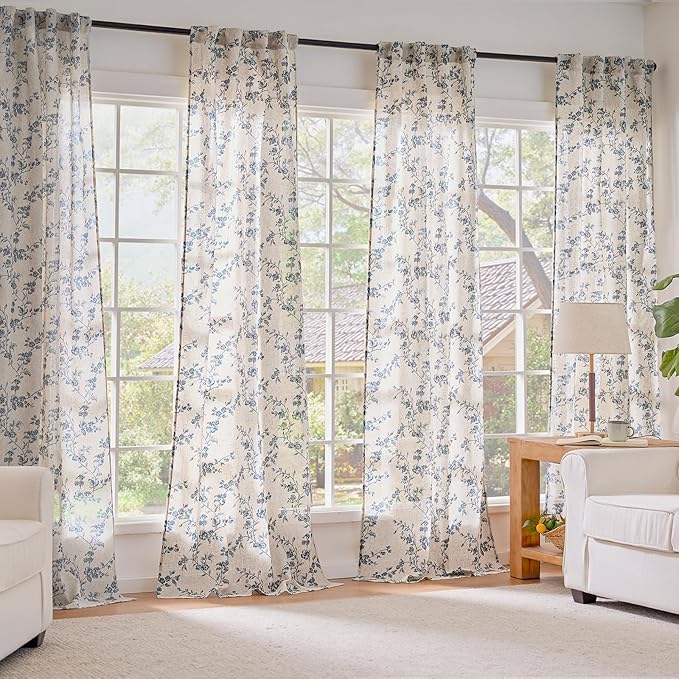 Blue Vintage Floral Linen Curtains Farmhouse 38W X 90L 2 Panels | Elisa Series - Image 7