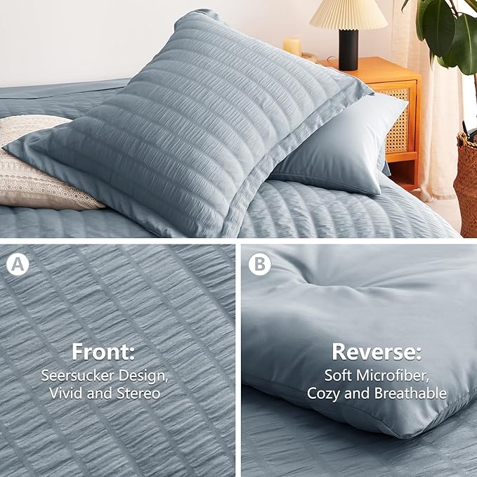 CozyLux Grayish Blue Full Size Comforter Sets with Sheets 7 Pieces, Dusty Blue Seersucker Bed in a Bag Textured Luxury Soft Bedding Set with Down Alternative Comforter, Sheets, Pillowcases & Shams