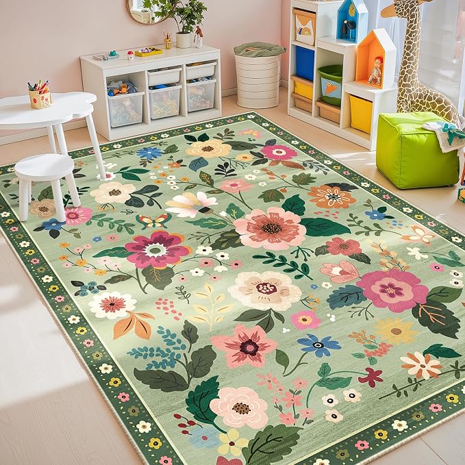 RELEANY Floral Washable 5x7 Area Rugs LightGreen | Flower Carpet Print Boho - Image 3