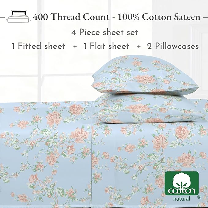 California Design Den Floral Pattern King Size Sheets Set - Luxury 400 Thread Count, Natural 100% Cotton Sateen, Deep Pocket King Sheets, Cooling and Durable Bedding Set - Antique Rose