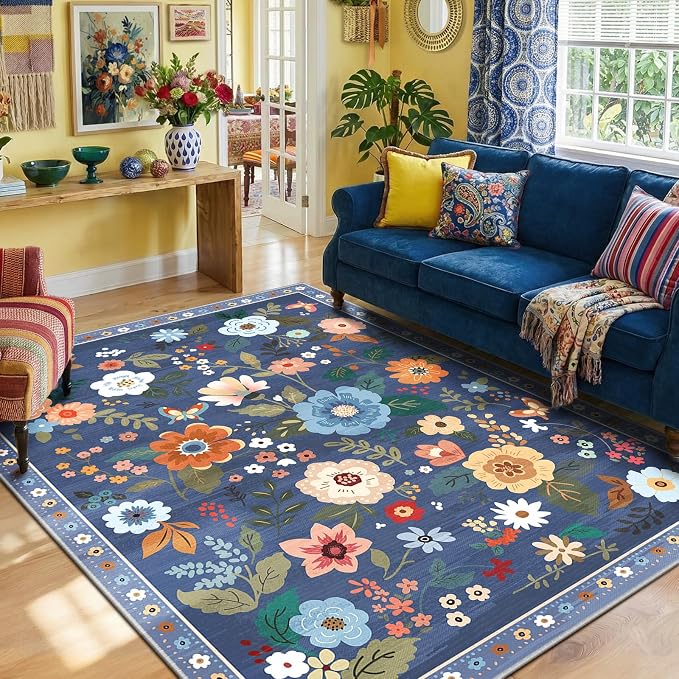 RELEANY Floral Washable 8x10 Area Rugs Blue/Grey | Flower Carpet Print Boho - Image 2