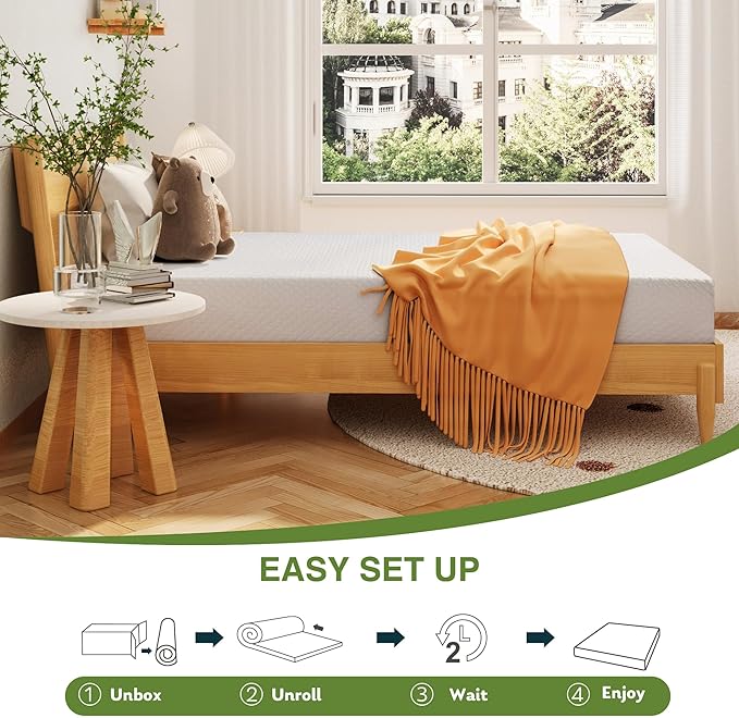 EGOHOME 8 Inch Twin Mattress, Memory Foam Mattress with Cooling Green Tea Gel, Relieve Pressure with Medium Firm Support, CertiPUR-US Certified, 75''L x 38''W, White