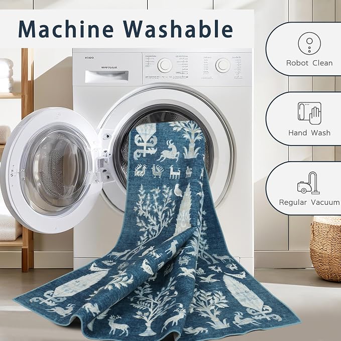 Washable Rugs 8x10 Area Rug for Living Room, Dining Room- Tree Blue | Ultra - Image 4