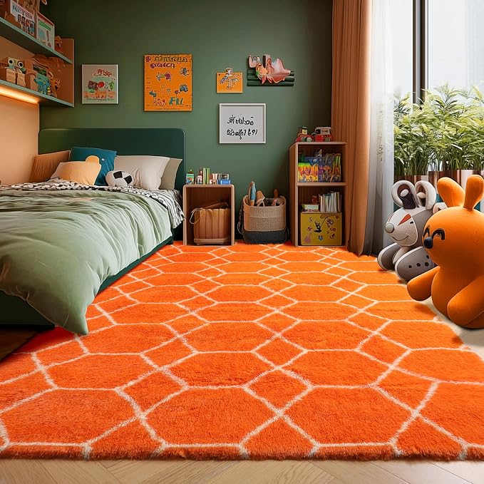Area Rugs for Bedroom Living Room, 4x6 Fluffy Orange and White Modern Rug | - Image 7