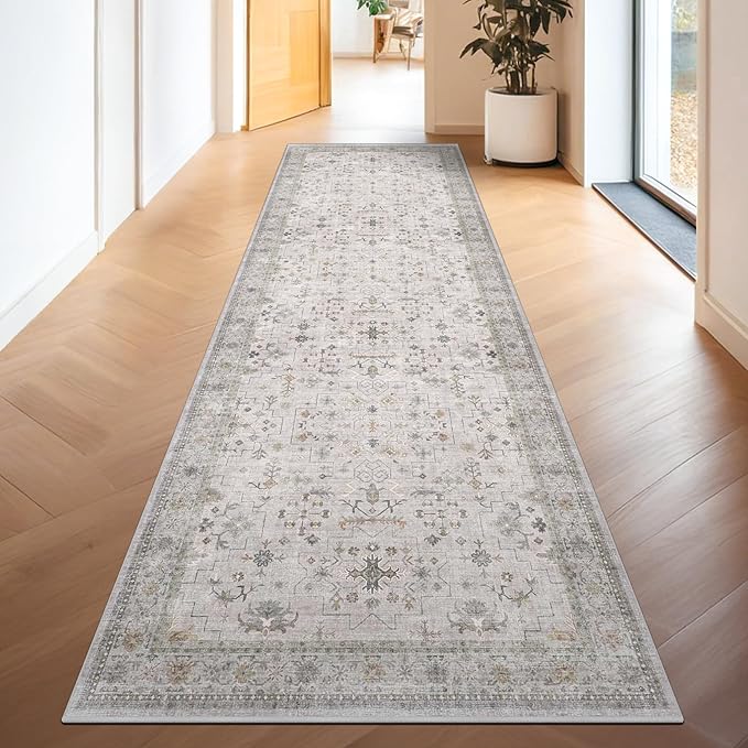 Washable Light Gray & Sage 2'6"x8' Wide Runner Rugs - Image 6