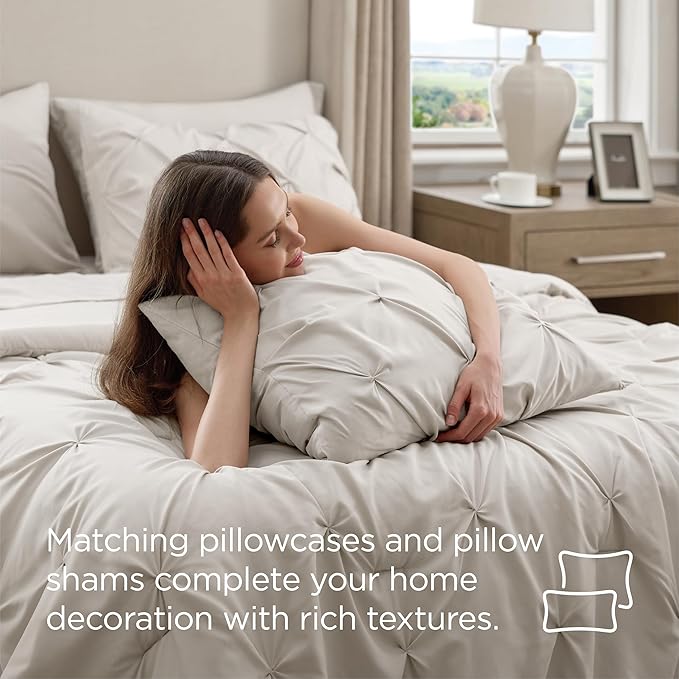 Bedsure California King Comforter Set Linen - Bed in a Bag Cal King 7 Pieces, GentleSoft™ Pintuck Bed Set Gift for Family, Pinch Pleat All Season Comforter with Sheets, Pillowcases & Shams
