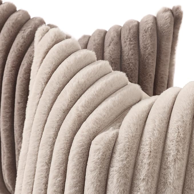 decorUhome Fall Faux Fur Throw Pillow Covers 16x16 Set of 2 Tan | Decorative - Image 2