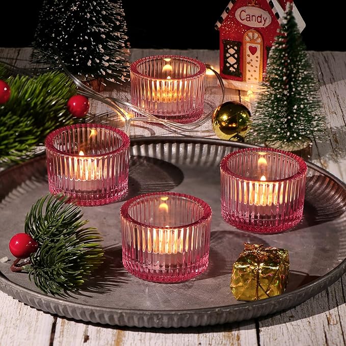 Pink Tealight Candle Holder Set of 12, Small Votive Candle Holders for Table Centerpiece,Glass Tea Light Candles Holder for Party&Home,Wedding Decor(2''Dia*1.4''H)