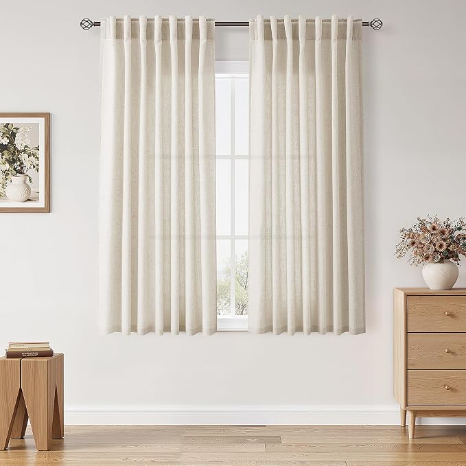 Warm Beige Linen Curtains 63 Inches Long 2 Panel Sets by Nanspring