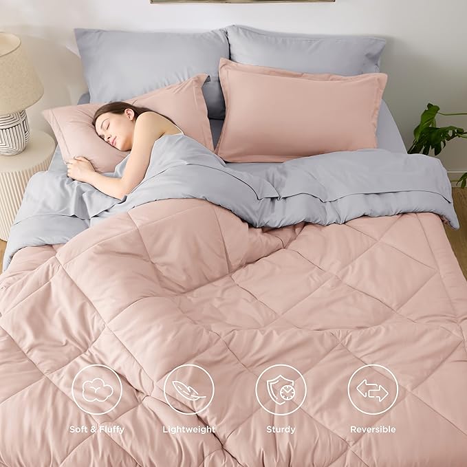 Bedsure Queen Comforter Set - 7 Pieces Reversible Blush Pink Bedding, Queen Size Bed Set for All Seasons, Bed in a Bag with Down Alternative Comforter, Sheets, Pillowcases & Shams