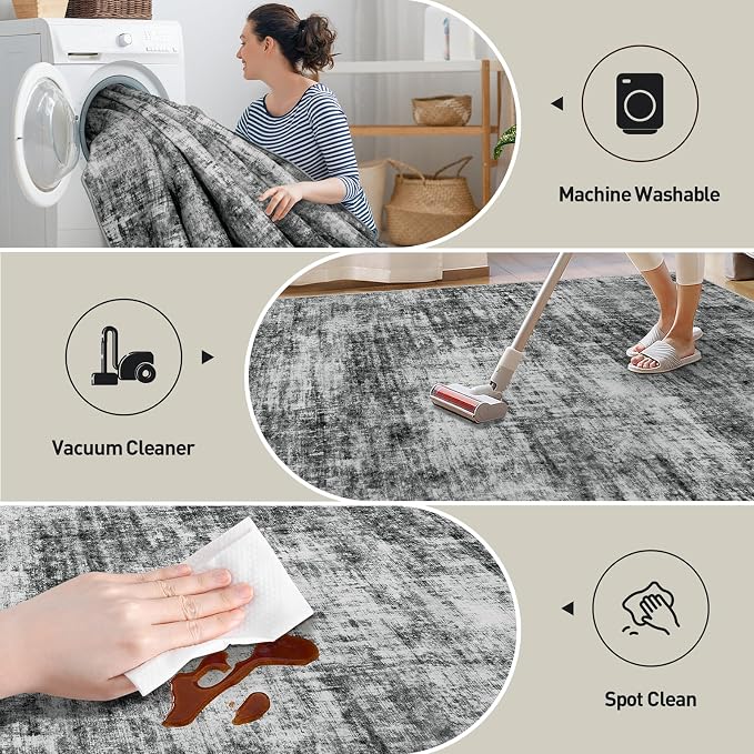 6x9 Area Rugs for Living Room: Washable Abstract Black Badroom Carpet | - Image 4