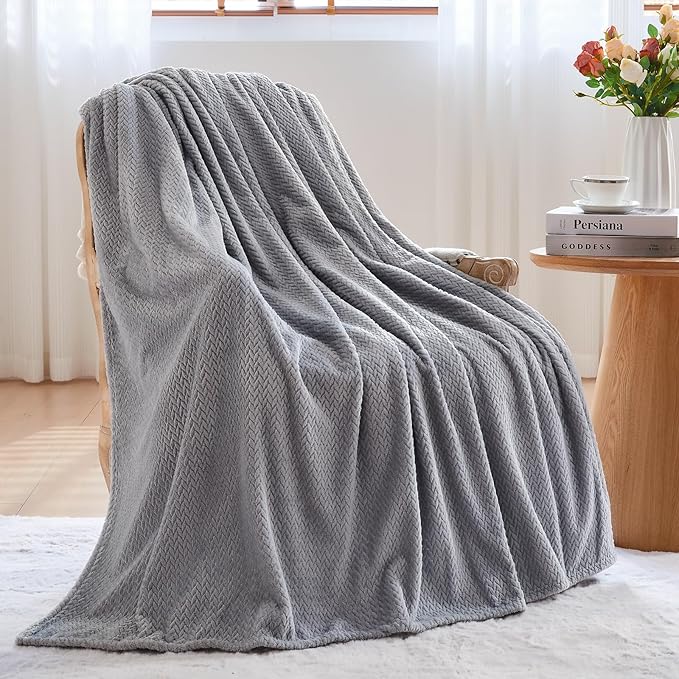 NEWCOSPLAY Super Soft King Blanket Grey Premium Silky Flannel Fleece Leaves Pattern Lightweight Bed Blanket All Season Use (Grey, King(90"x110"))