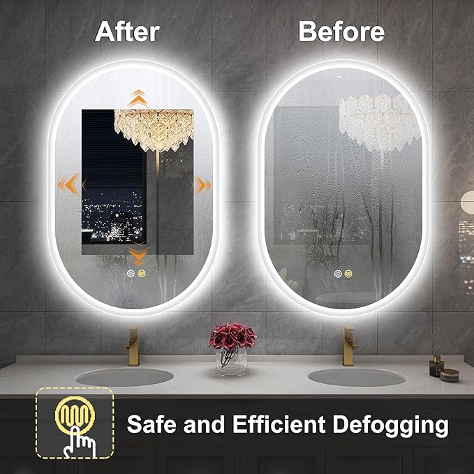 S'bagno 24x36 Inch Oval LED Mirror for Bathroom with Front and Backlight, Anti-Fog, 3 Colors Temperature & Dimmable, Bathroom Mirror with Lights with Memory Function, Waterproof, Shatter-Proof