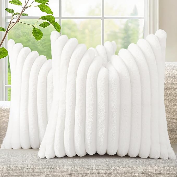 decorUhome Fall Faux Fur Throw Pillow Covers 16x16 Set of 2 White | Decorative by decorUhome