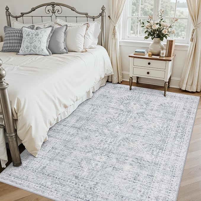 3x5 Area Rugs Living Room: Bedroom Neutral Washable Carpet Gray | Vintage Boho - Image 2