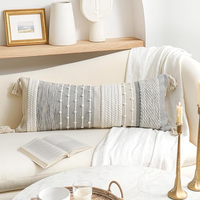 Gray Boho Lumbar Throw Pillow Cover 14x36 Grey Accent Long Body Lumbar Pillow - Image 5