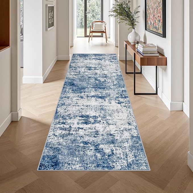 3x10 Washable Runner Rug：Modern Abstract Kitchen Soft Carpet Blue | - Image 4