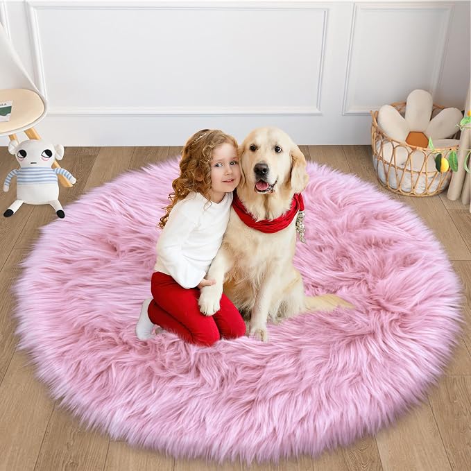 4 Ft Fluffy Round Pink Rugs for Bedroom Girls, Plush Faux Sheepskin Fur Rug for by TENNOLA
