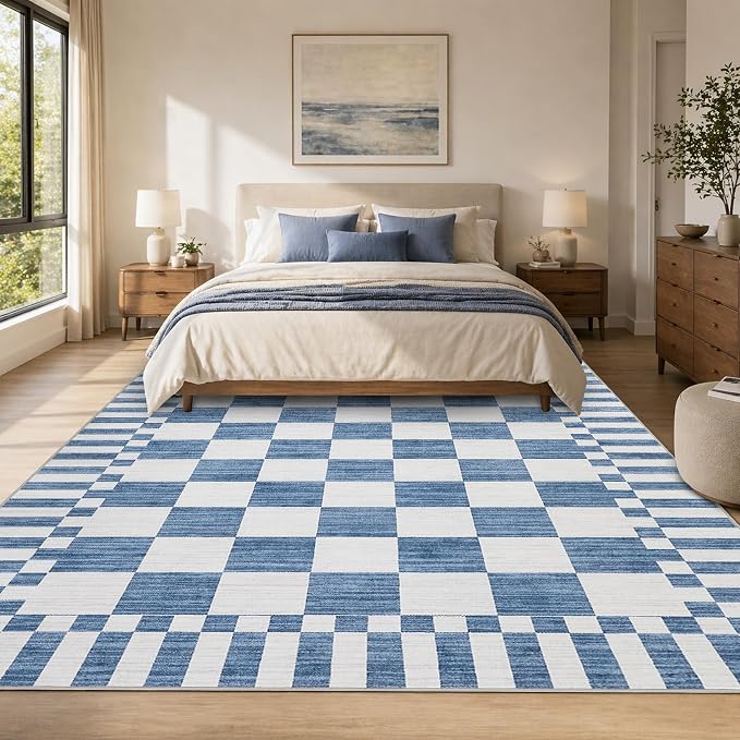 GarveeHome 8x10 Area Rugs Geometric Washable Modern Dark Blue Checkered Rug | - Image 4