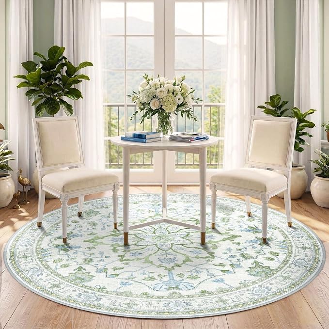 RELEANY Washable Area Rug, Round 5ft, Water Repellent, Pet Friendly, Vintage - Image 3