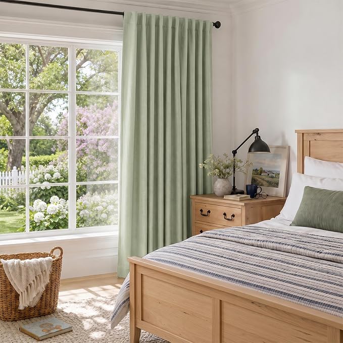 Faux Linen Total Blackout Sliding Door Curtains 108 Inches Long, Sage Green | - Image 6