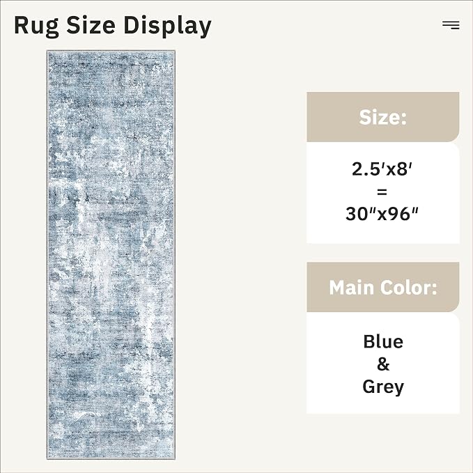 Soalmost Runner Rug 2'6"x8' Kitchen Hallway Runners Abstract Blue/Grey | - Image 5
