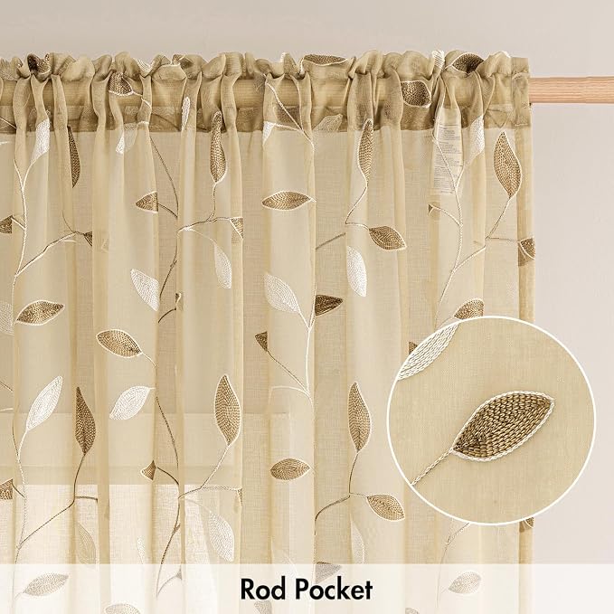 MIULEE Beige Sheer Curtains 2 Panels Embroidered Leaf Patterned, W52 x L63 | - Image 6