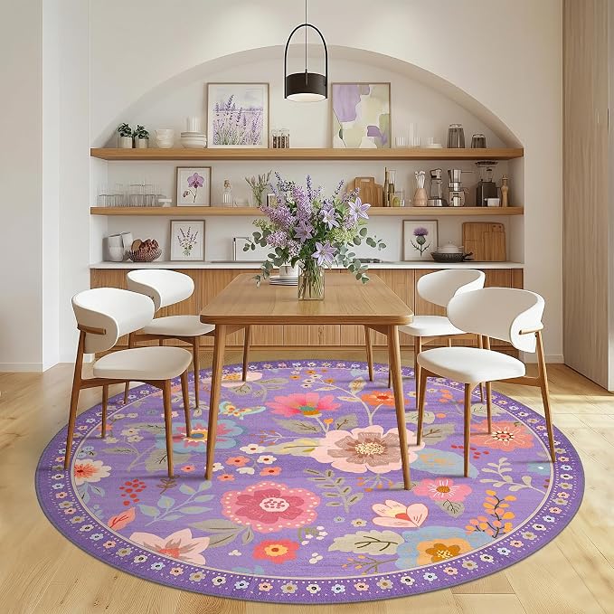 RELEANY Floral Washable Round 6ft Area Rug Purple/Pink | Flower Carpet Print - Image 8