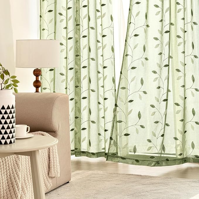 MIULEE Sage Green Sheer 30x36 Inches 2 Panels Embroidered Leaf Patterned | - Image 3