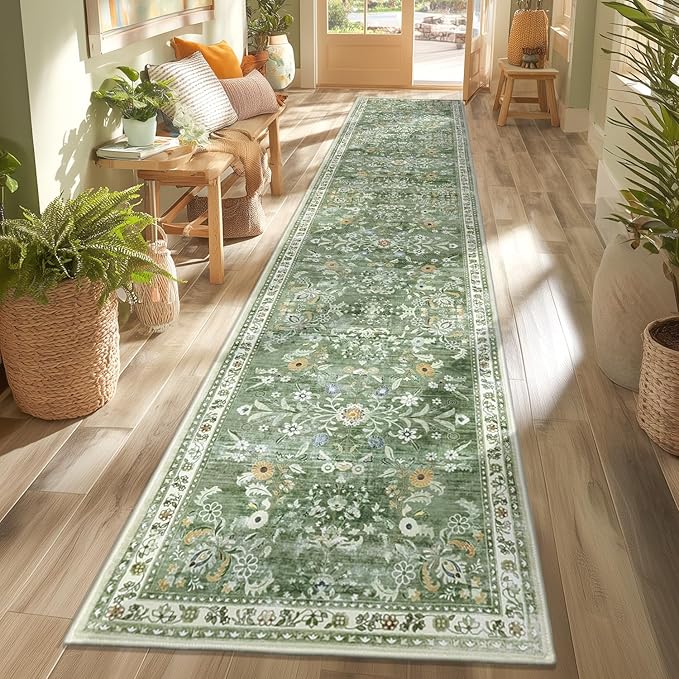 Yamaziot 2x12 Washable Hallway Runner Rug Non Slip Floral Carpet, Sage Green | by Yamaziot