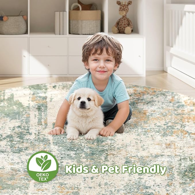 LOONGRUG Round Rug 7x7 Washable Large Neutral Modern Area Rugs Green | Abstract - Image 6