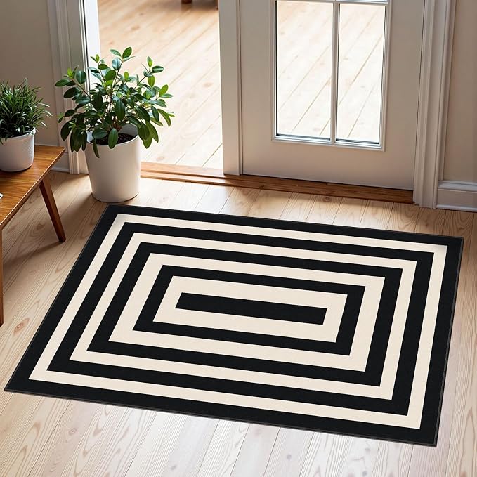 Front Door Mat Indoor Outside Entrance, 2x3 Modern Black White Rug | Non-Slip by Othilic