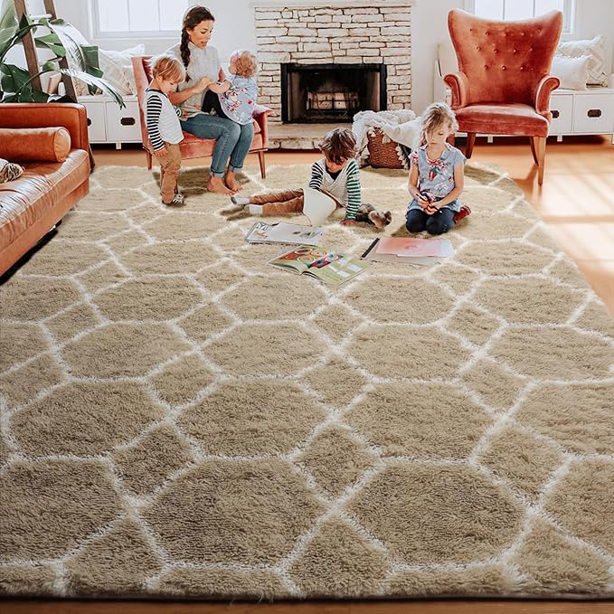 Area Rugs for Bedroom Living Room, 4x6 Fluffy Beige and White Geometric Rug | - Image 9