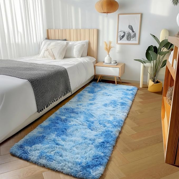 Runner Rugs for Boys Bedroom Living Room, Fluffy Tie-Dyed Blue 2x6 Area Rug | by ONASAR