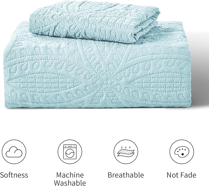Love's cabin Twin Quilt Set Spa-Blue Bedspreads - Soft Bed Summer Lightweight Bedspread Comforter - Modern Style Coin Pattern Coverlet for All Season - 2 Pieces (1 Quilt, 1 Pillow Sham)