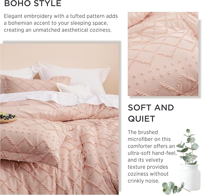 Bedsure Full Comforter Set - Coral Pink Comforter, Boho Tufted Shabby Chic Bedding for Kids, 3 Pieces Vintage Farmhouse Bed Set for All Seasons, Fluffy Soft Bedding with 2 Pillow Shams